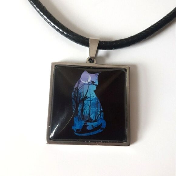 Cat Silhouette Hand Crafted Stainless Steel Charm Leather Adjustable Necklace - Picture 7 of 10